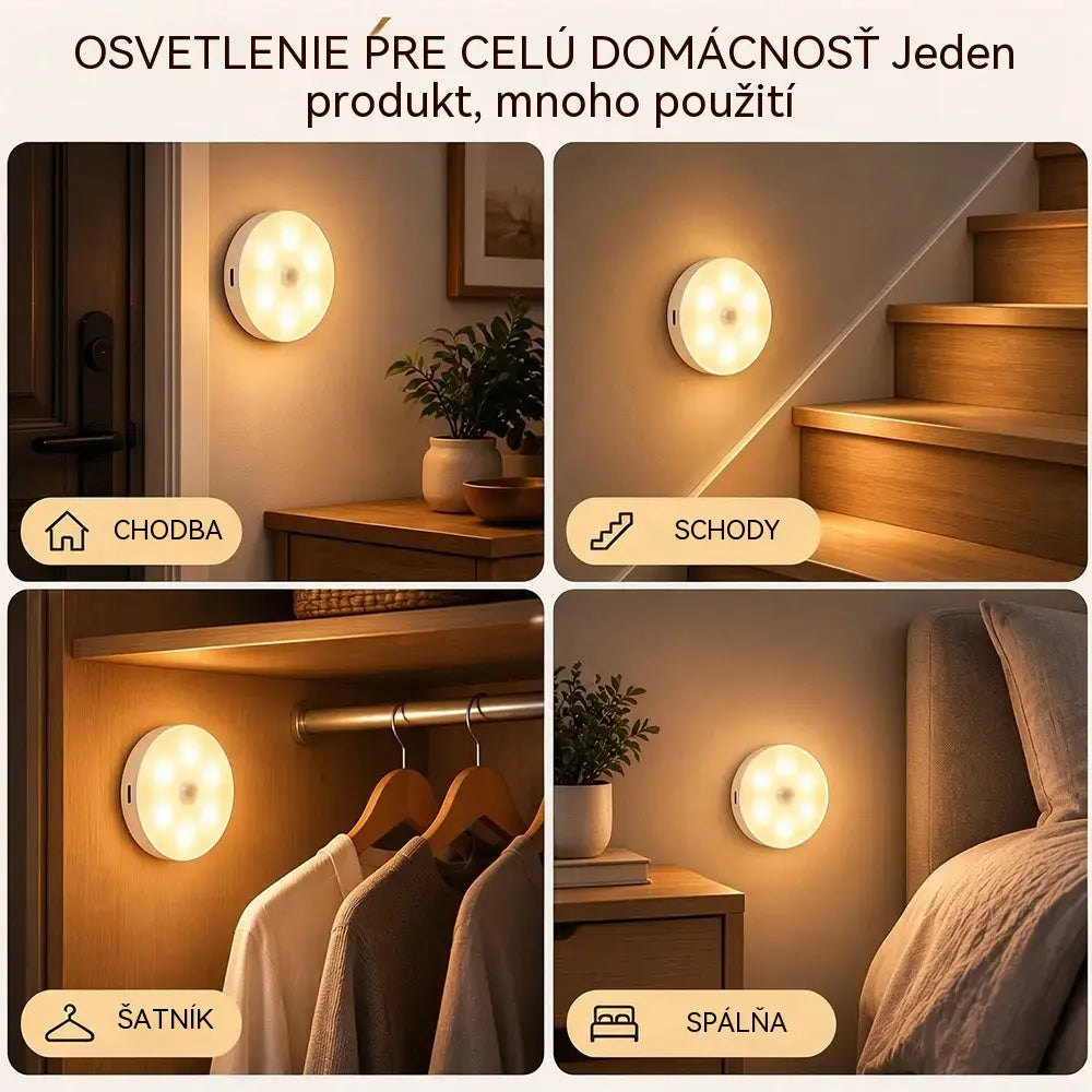 ✨【4 kusy za 23 eur】🔵 Okrúhle LED nočné svetlo so senzorom pohybu – nabíjateľné cez USB, bezdrôtové, s magnetickým nástenným úchytom | Ideálne do spální, na schodiská, do chodieb a šatníkov 🌙🏠