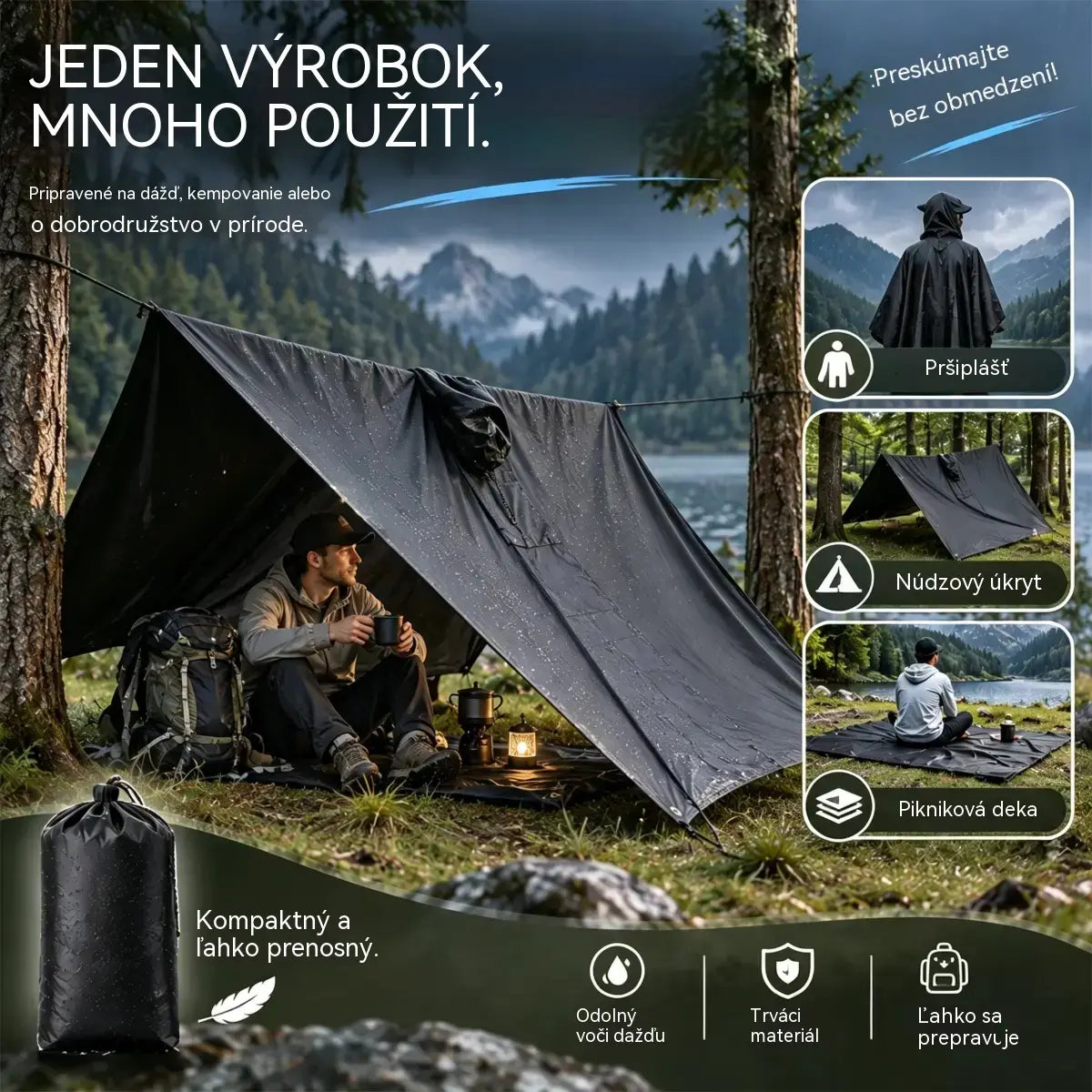 🏕️ Multifunkčné pršiplášťové pončo 3 v 1 | Nepremokavá pláštenka + stan + podložka na zem | Na turistiku a kempovanie 🌧️