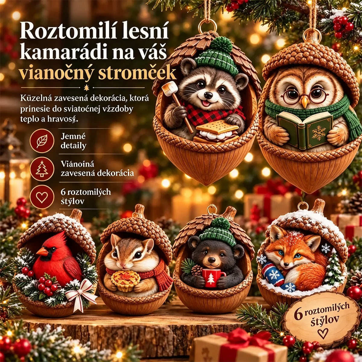 🎉【Kúpte 6 kusov a získajte 6 kusov zadarmo】🤩 🎁Nový 2D akrylový vianočný dizajn so zvieratami v tvare šišky