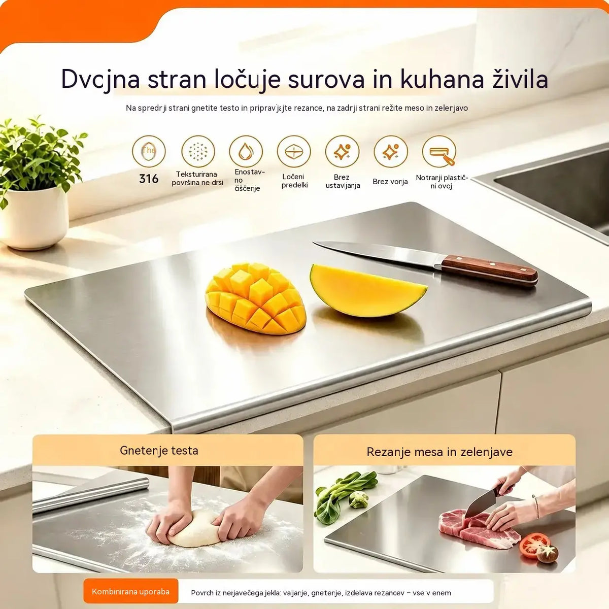 🔪【Izjemno debela】Deska za rezanje iz nerjavnega jekla z zavihanim robom – izjemno debela in večnamenska, idealna za profesionalne in domače kuhinje✨