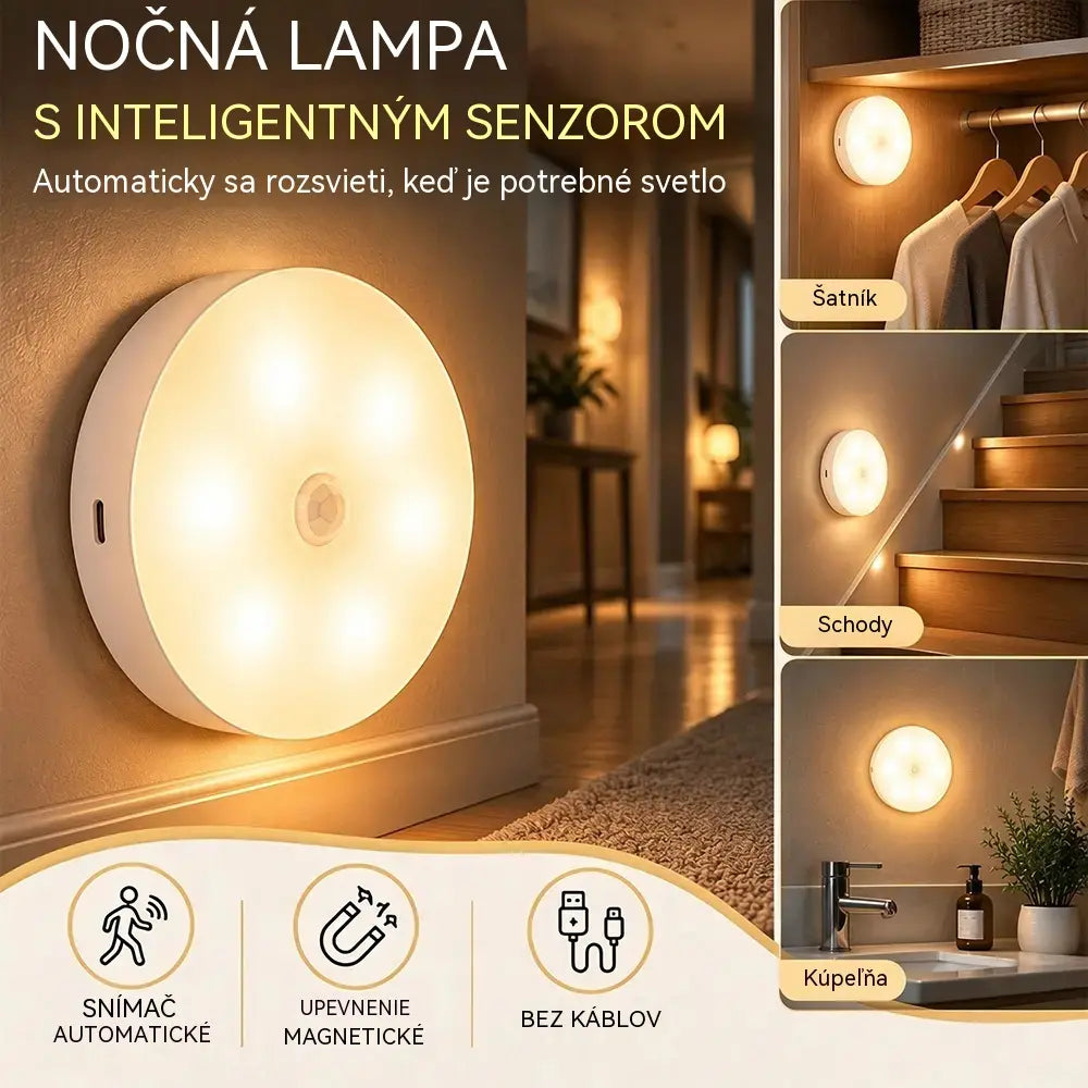 ✨【4 kusy za 23 eur】🔵 Okrúhle LED nočné svetlo so senzorom pohybu – nabíjateľné cez USB, bezdrôtové, s magnetickým nástenným úchytom | Ideálne do spální, na schodiská, do chodieb a šatníkov 🌙🏠