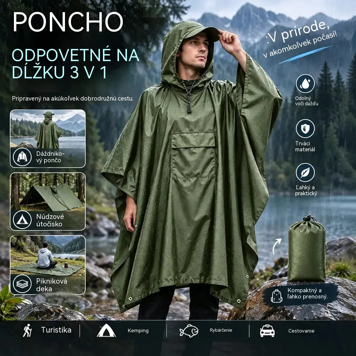 🏕️ Multifunkčné pršiplášťové pončo 3 v 1 | Nepremokavá pláštenka + stan + podložka na zem | Na turistiku a kempovanie 🌧️